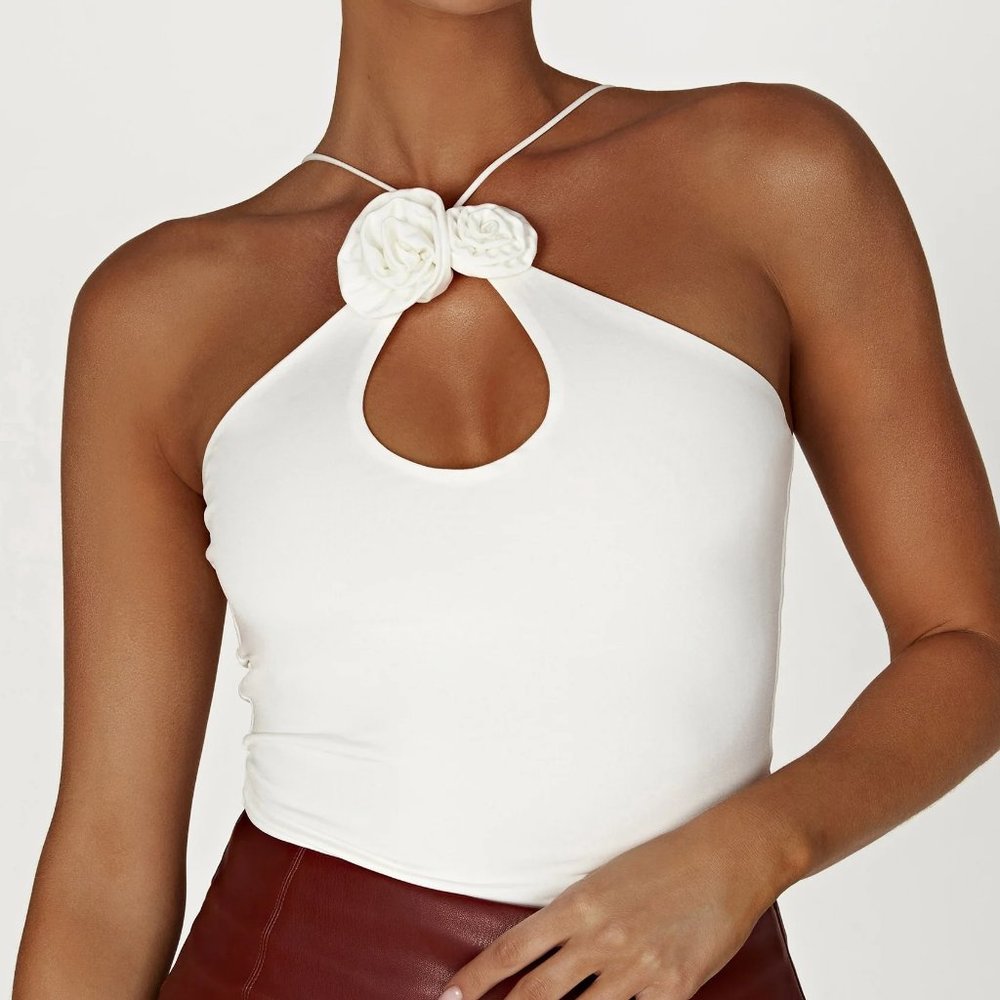 Meshki womens Adeline Rose Halter Top Open Front Crop Y2K White size XL